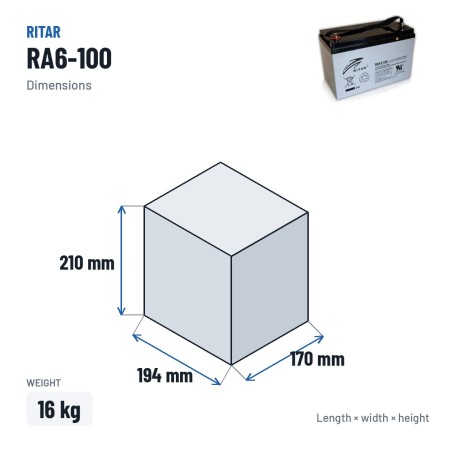 Caravan battery Ritar RA6-100 6V 106Ah AGM – dimensions 194 × 170 × 210 mm