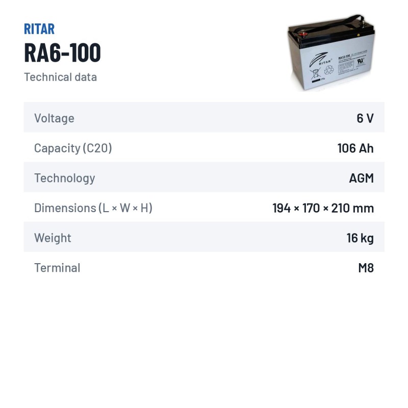 Caravan battery Ritar RA6-100 6V 106Ah AGM – technical data