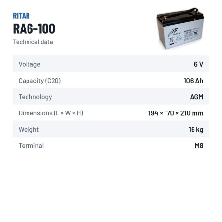 Caravan battery Ritar RA6-100 6V 106Ah AGM – technical data