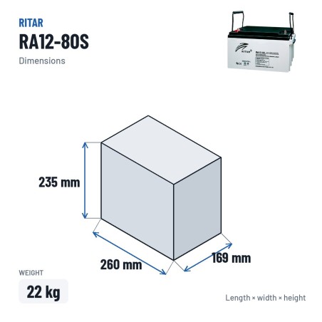 Bateria de cadeira de rodas Ritar RA12-80S 12V 85Ah AGM – medidas 260 × 169 × 235 mm