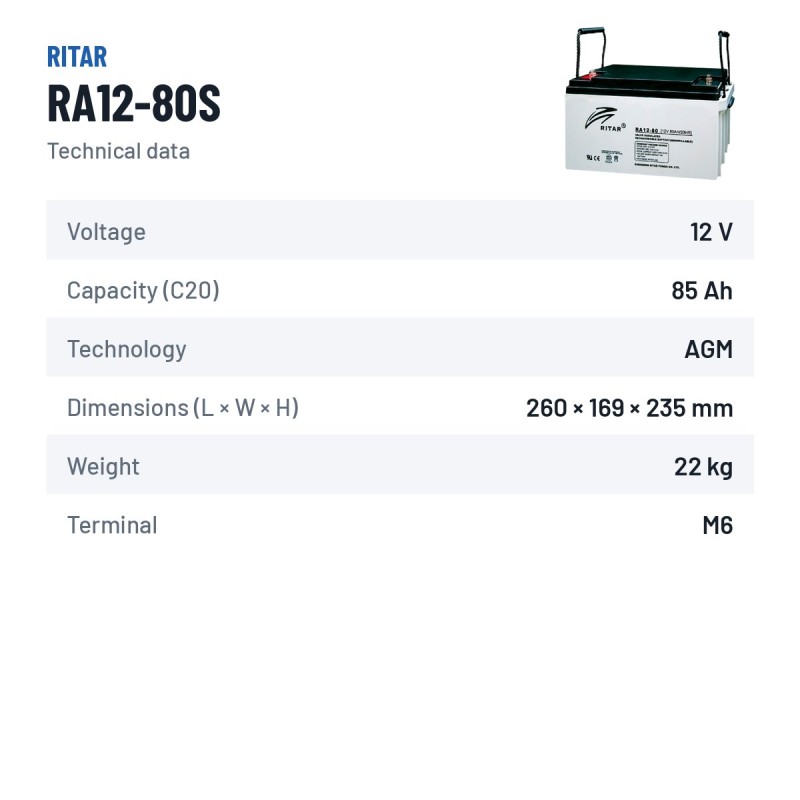 Batterie fauteuil roulant Ritar RA12-80S 12V 85Ah AGM – fiche technique