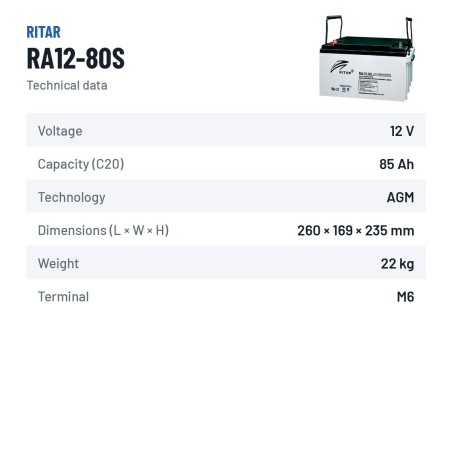 Bateria de cadeira de rodas Ritar RA12-80S 12V 85Ah AGM – ficha técnica