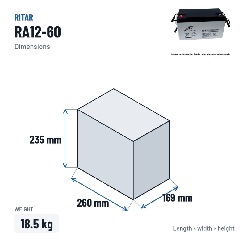 Batería de silla de ruedas Ritar RA12-60 12V 63Ah AGM – medidas 260 × 169 × 235 mm