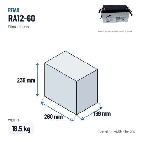 Batterie fauteuil roulant Ritar RA12-60 12V 63Ah AGM – dimensions 260 × 169 × 235 mm