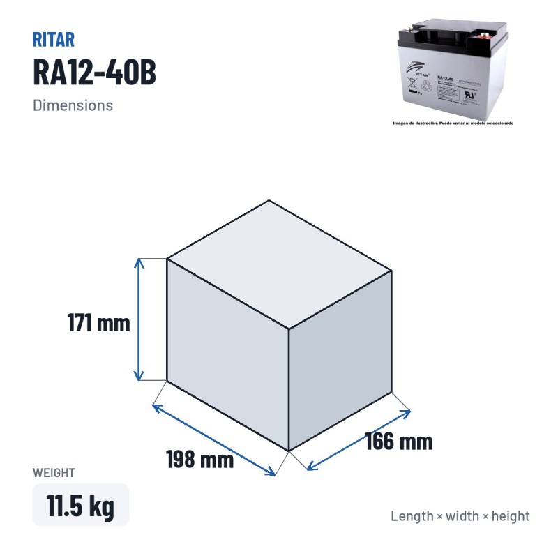 Bateria de cadeira de rodas Ritar RA12-40B 12V 42Ah AGM – medidas 198 × 166 × 171 mm