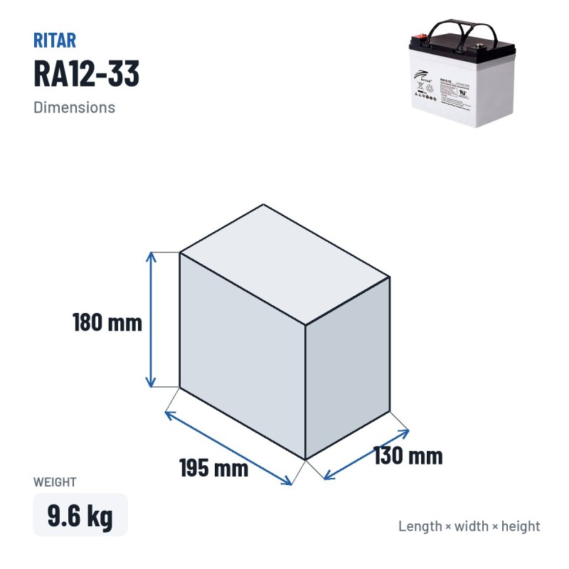 Rollstuhlbatterie Ritar RA12-33 12V 35Ah AGM – Abmessungen 195 × 130 × 180 mm