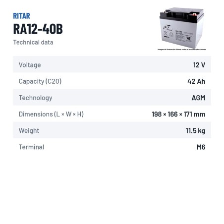Bateria de cadeira de rodas Ritar RA12-40B 12V 42Ah AGM – ficha técnica