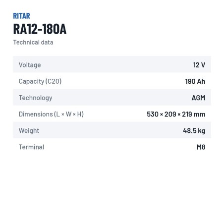 Caravan battery Ritar RA12-180A 12V 190Ah AGM – technical data