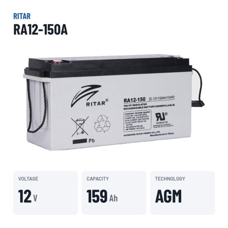 Caravan battery Ritar RA12-150A 12V 159Ah AGM – key specs