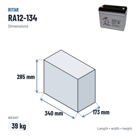 Wohnmobilbatterie Ritar RA12-134 12V 142Ah AGM – Abmessungen 340 × 173 × 285 mm