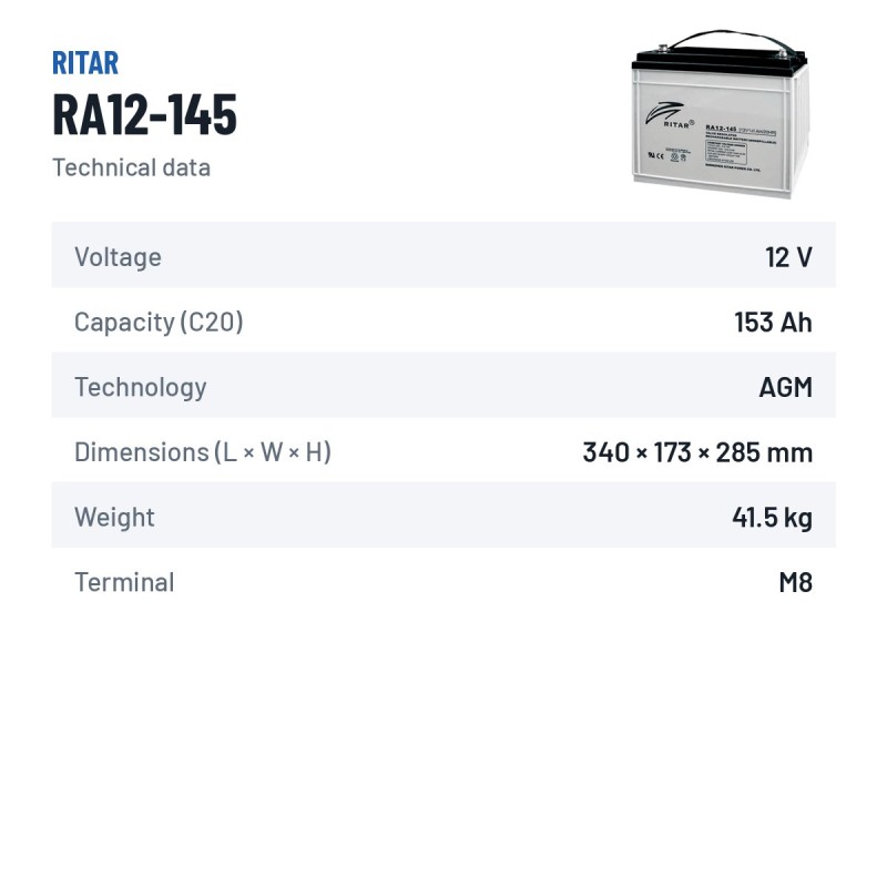 Batterie camping-car Ritar RA12-145 12V 153Ah AGM | baterias.com