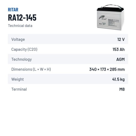 Batería de caravana Ritar RA12-145 12V 153Ah AGM | baterias.com