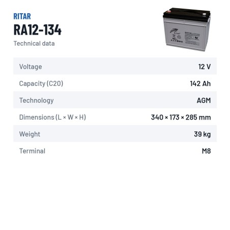 Caravan battery Ritar RA12-134 12V 142Ah AGM – technical data