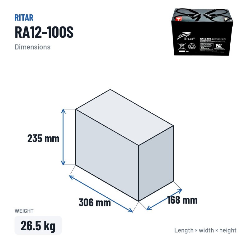 Bateria de caravana Ritar RA12-100S 12V 106Ah AGM – medidas 306 × 168 × 235 mm
