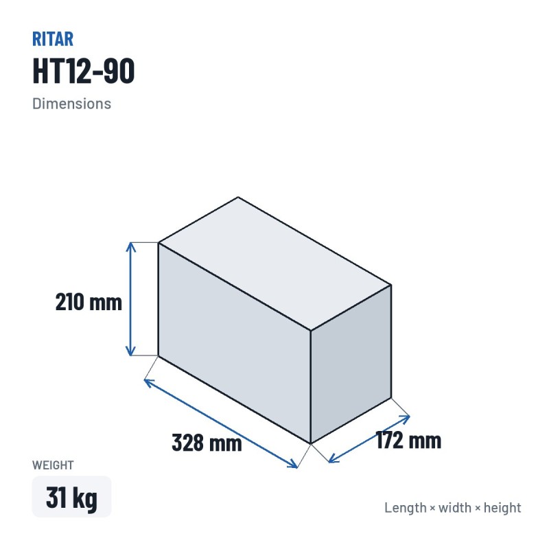 Bateria estacionária UPS Ritar HT12-90 12V 95.2Ah AGM – medidas 328 × 172 × 210 mm