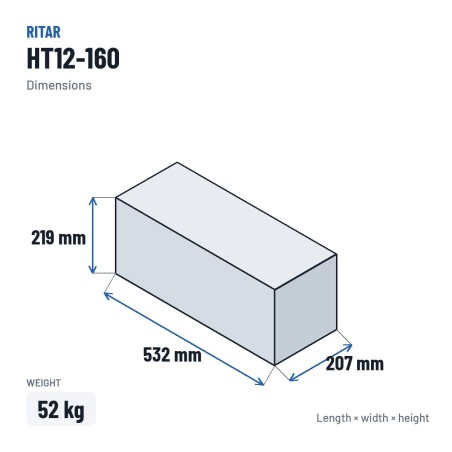 Stationärbatterie USV Ritar HT12-160 12V 169.2Ah AGM – Abmessungen 532 × 207 × 219 mm