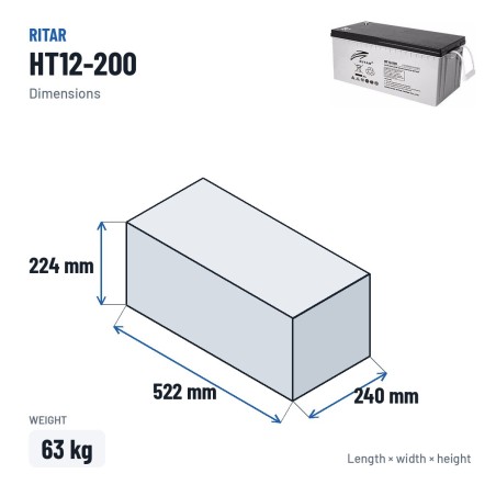 Stationary UPS battery Ritar HT12-200 12V 212Ah AGM – dimensions 522 × 240 × 224 mm