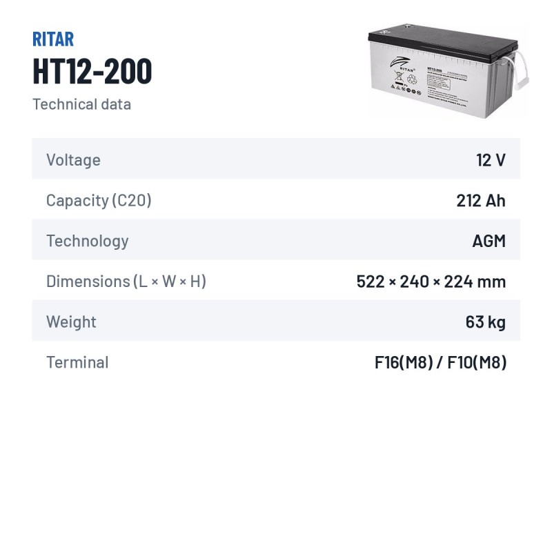 Stationary UPS battery Ritar HT12-200 12V 212Ah AGM – technical data