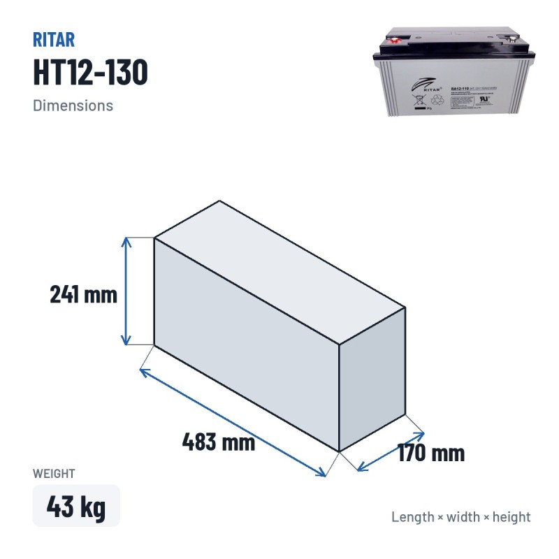 Stationary UPS battery Ritar HT12-130 12V 137.4Ah AGM – dimensions 483 × 170 × 241 mm