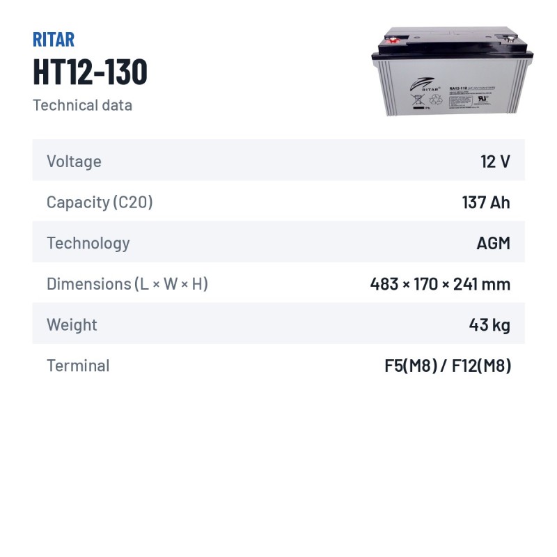 Stationärbatterie USV Ritar HT12-130 12V 137.4Ah AGM – technische Daten