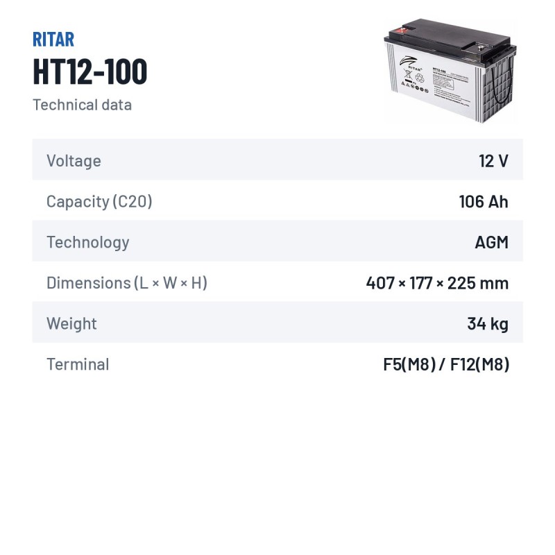 Batteria stazionaria UPS Ritar HT12-100 12V 105.8Ah AGM – scheda tecnica