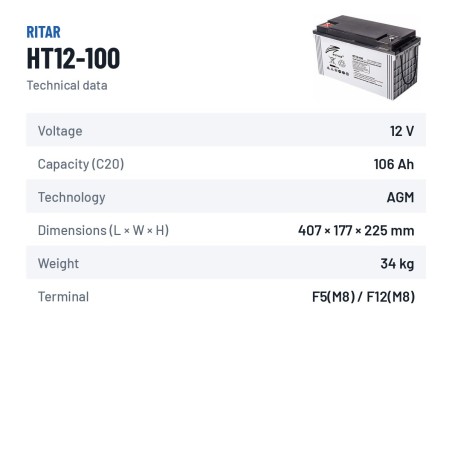 Bateria estacionária UPS Ritar HT12-100 12V 105.8Ah AGM – ficha técnica