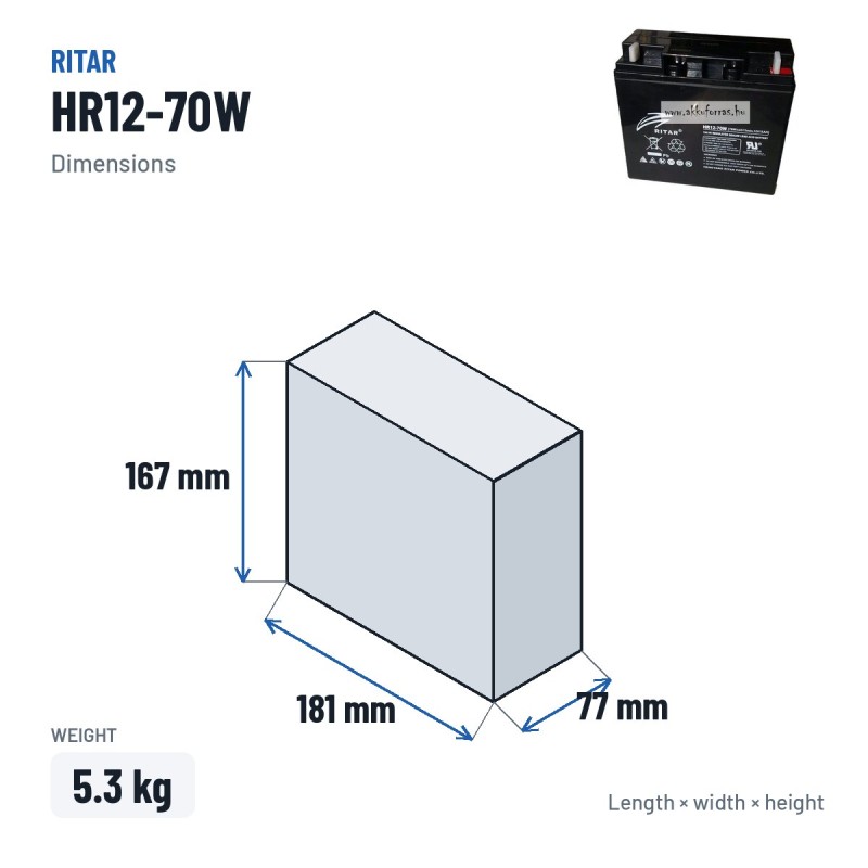 Stationärbatterie USV Ritar HR12-70W 12V 18Ah AGM – Abmessungen 181 × 77 × 167 mm