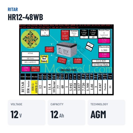 Bateria estacionária UPS Ritar HR12-48WB 12V 12Ah AGM – dados principais
