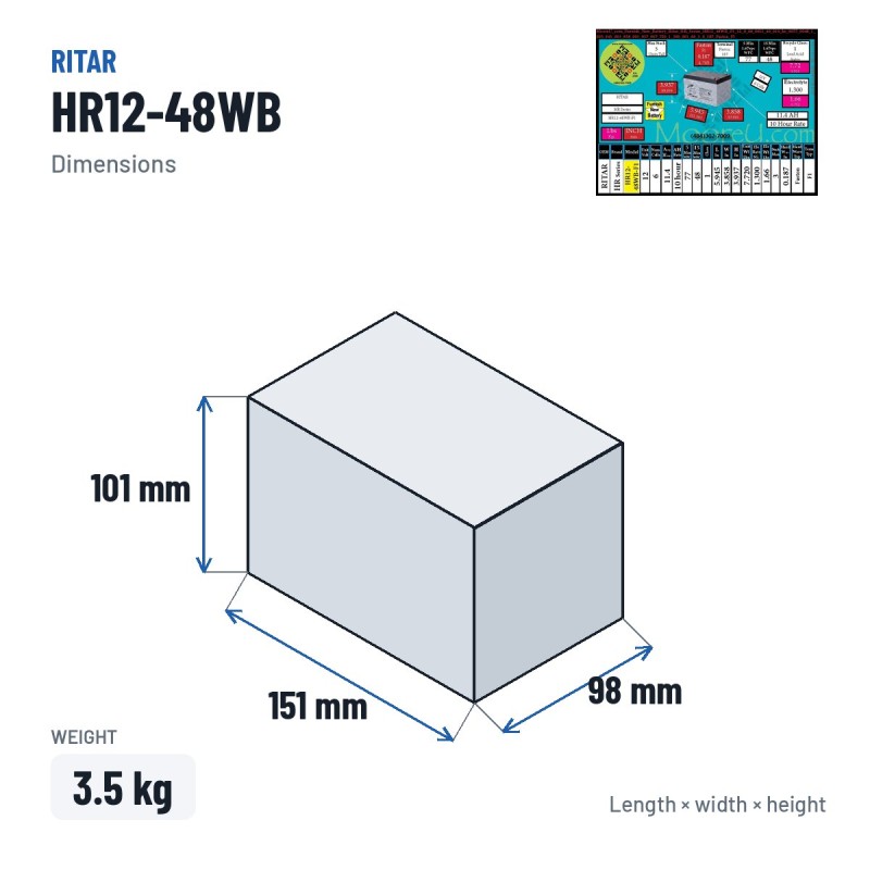 Bateria estacionária UPS Ritar HR12-48WB 12V 12Ah AGM – medidas 151 × 98 × 101 mm