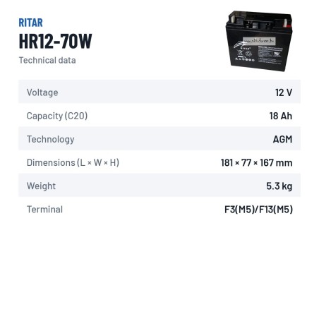 Batteria stazionaria UPS Ritar HR12-70W 12V 18Ah AGM – scheda tecnica