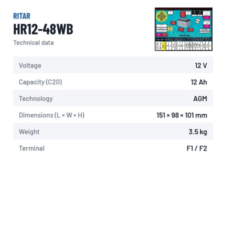 Stationärbatterie USV Ritar HR12-48WB 12V 12Ah AGM – technische Daten