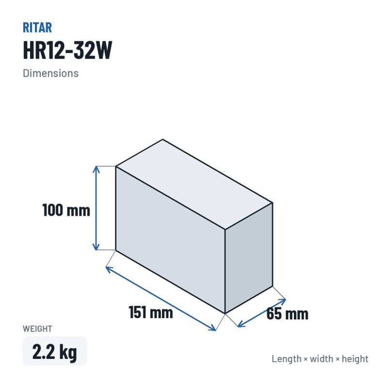 Stationary UPS battery Ritar HR12-32W 12V 8Ah AGM – dimensions 151 × 65 × 100 mm