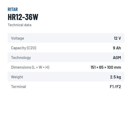 Stationary UPS battery Ritar HR12-36W 12V 9Ah AGM – technical data