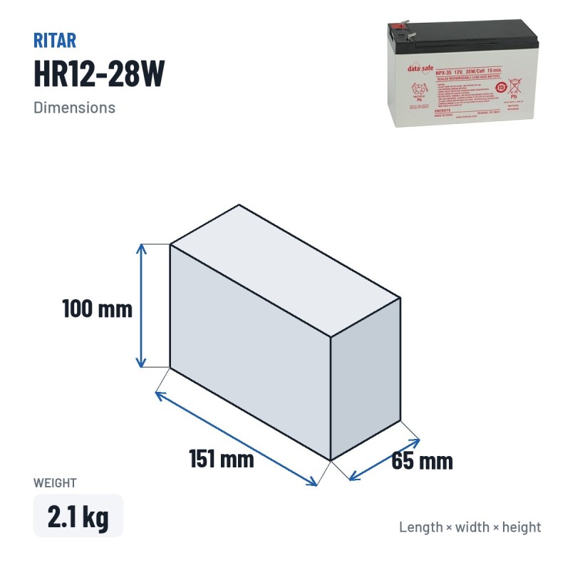 Batteria stazionaria UPS Ritar HR12-28W 12V 7Ah AGM – dimensioni 151 × 65 × 100 mm