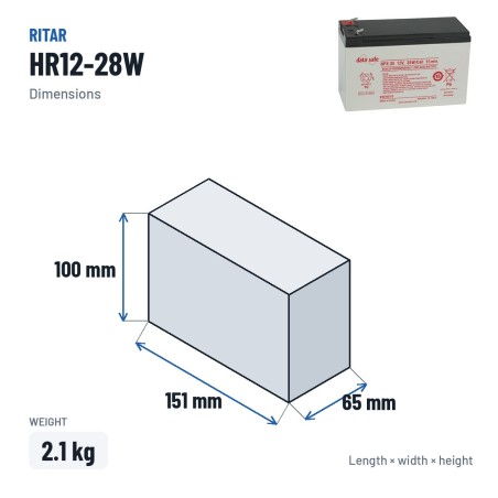 Batterie stationnaire onduleur Ritar HR12-28W 12V 7Ah AGM – dimensions 151 × 65 × 100 mm