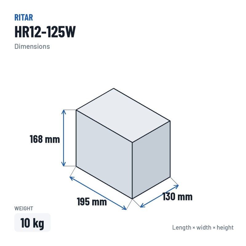 Stationary UPS battery Ritar HR12-125W 12V 33Ah AGM – dimensions 195 × 130 × 168 mm
