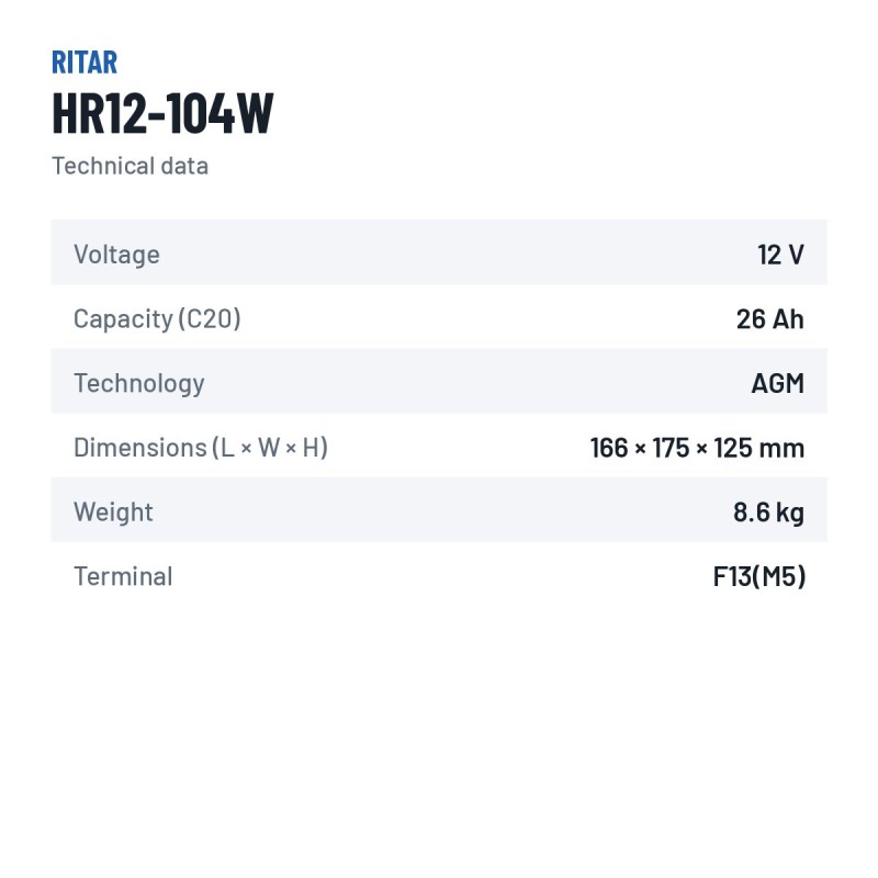 Stationary UPS battery Ritar HR12-104W 12V 26Ah AGM – technical data