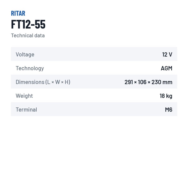 Batería para telecomunicaciones Ritar FT12-55 12V 55Ah AGM – ficha técnica