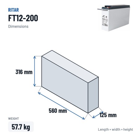 Telekom-Batterie Ritar FT12-200 12V 200Ah AGM – Abmessungen 560 × 125 × 316 mm