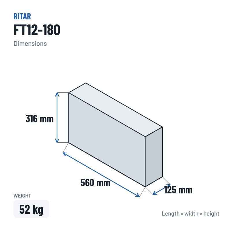 Batteria per telecomunicazioni Ritar FT12-180 12V 180Ah AGM – dimensioni 560 × 125 × 316 mm