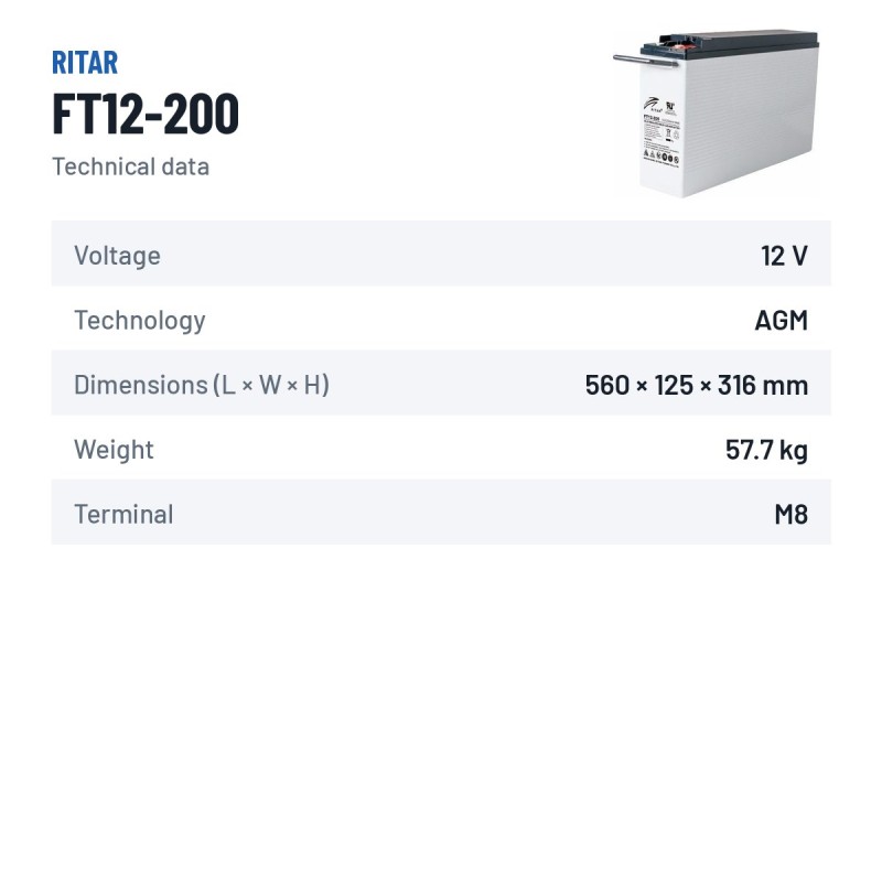 Telecom battery Ritar FT12-200 12V 200Ah AGM | baterias.com