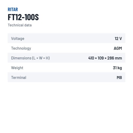 Telekom-Batterie Ritar FT12-100S 12V 100Ah AGM – technische Daten