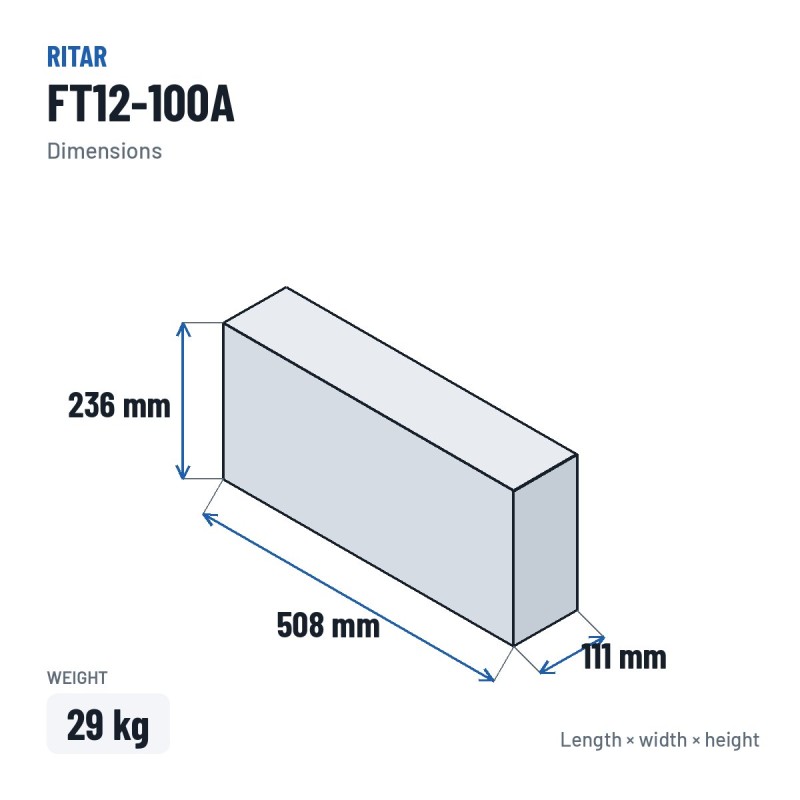 Bateria para telecomunicações Ritar FT12-100A 12V 100Ah AGM – medidas 508 × 111 × 236 mm
