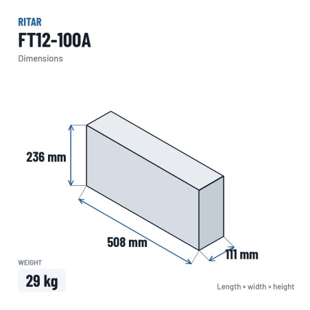 Bateria para telecomunicações Ritar FT12-100A 12V 100Ah AGM – medidas 508 × 111 × 236 mm