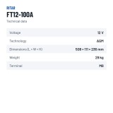 Bateria para telecomunicações Ritar FT12-100A 12V 100Ah AGM – ficha técnica