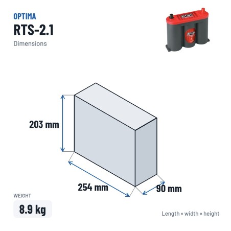 Car battery Optima RTS-2.1 6V 50Ah 815A AGM – dimensions 254 × 90 × 203 mm