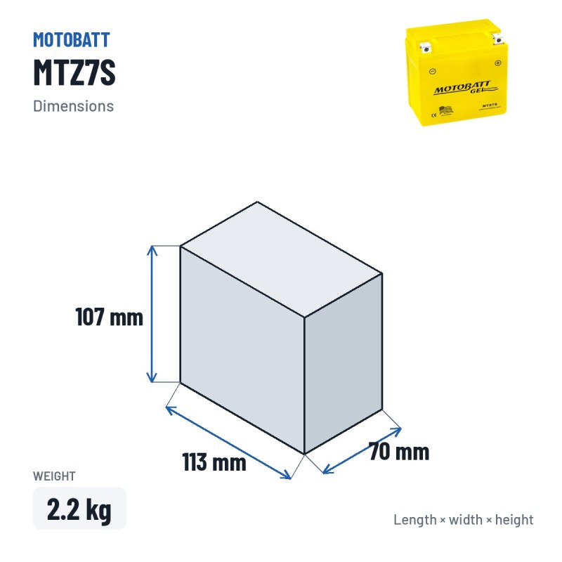Motorcycle battery Motobatt MTZ7S 12V 7Ah 95A GEL – dimensions 113 × 70 × 107 mm