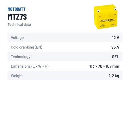 Batteria moto Motobatt MTZ7S 12V 7Ah 95A GEL – scheda tecnica