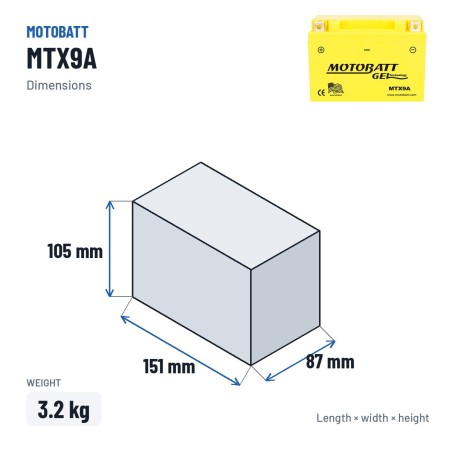 Batterie moto Motobatt MTX9A 12V 9Ah 140A GEL – dimensions 151 × 87 × 105 mm