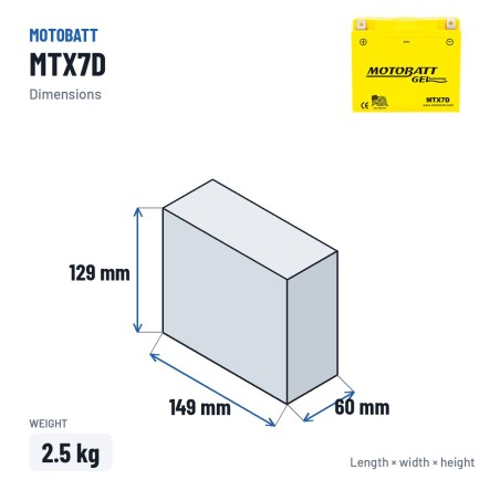Batería de moto Motobatt MTX7D 12V 7Ah 105A GEL – medidas 149 × 60 × 129 mm